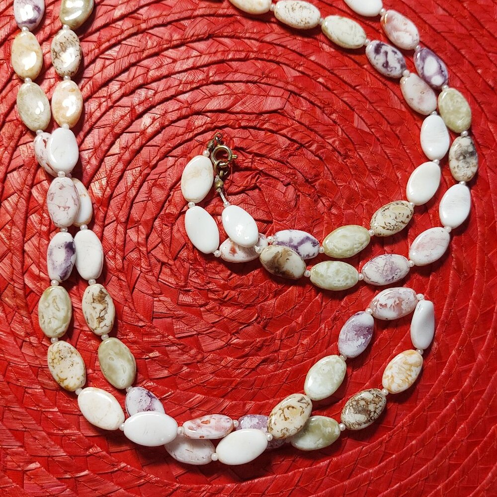 Cute Vintage Necklace with Marble Style Beads , Very Long !